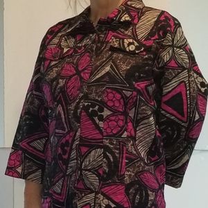Chico's pink and brown abstract, polynesian, print jacket. Chico's size 3 (XL).